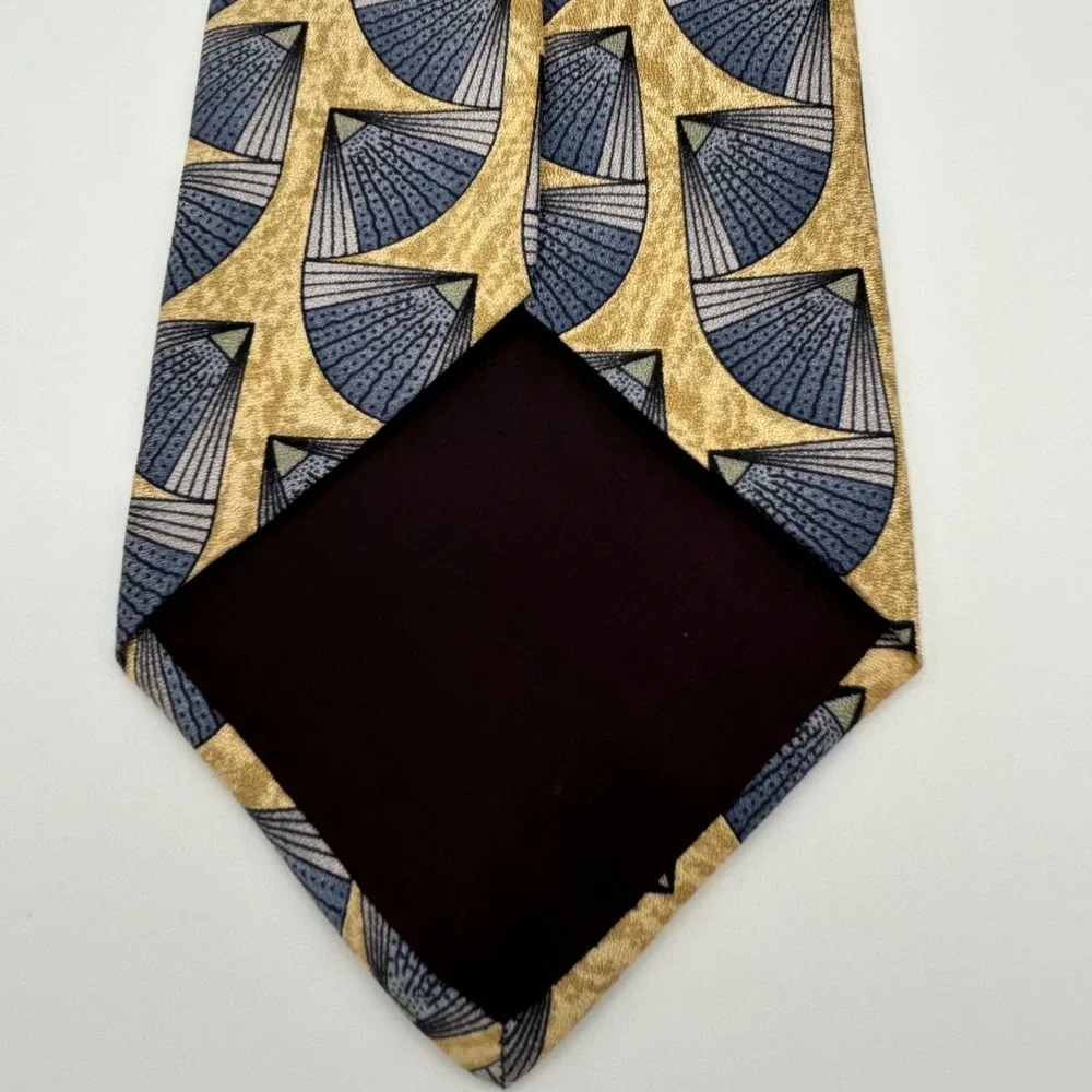 Courreges Homme Necktie Mens OS Tan Blue Silk Geometric Art Deco 90s Vintage